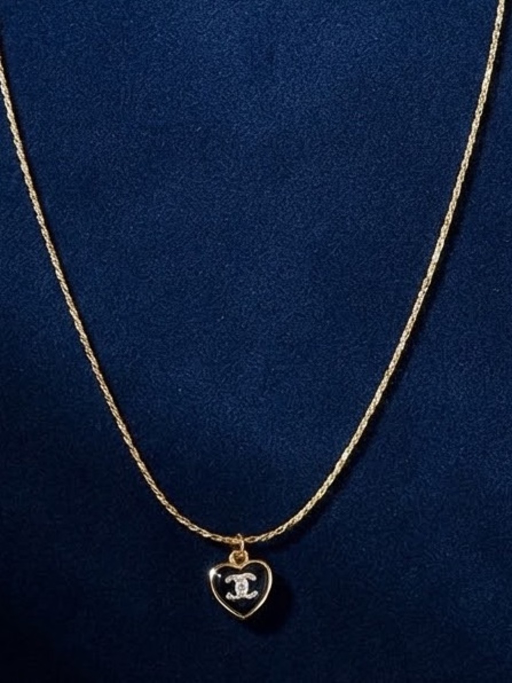 Gold Tone Chain Necklace with Black Heart Charm CC Accent